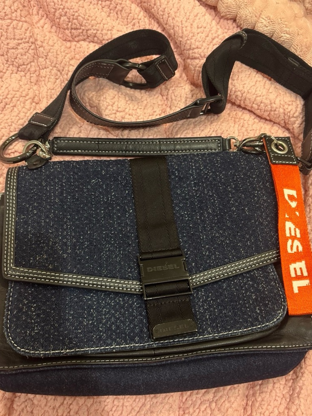 Diesel Men’s Denim Messenger Bag with Orange Logo Strap